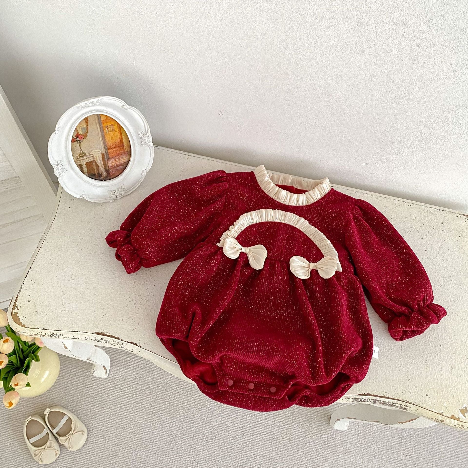 Autumn and Winter Arrival Baby Girls Long Sleeves Ruffle Neck Cozy Onesies Bodysuits-4