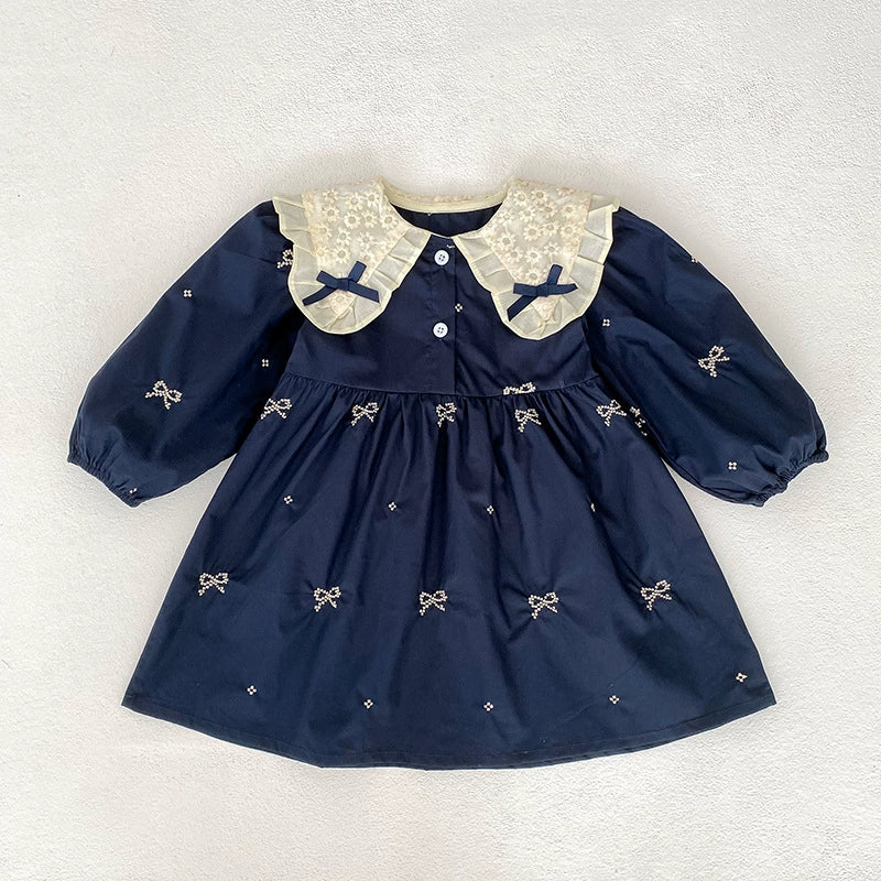 Arrival Spring Baby Kids Girls Long Sleeves Bows Embroidery Pattern Floral Collar Onesies and Dress – Princess Sister Matching Set-6