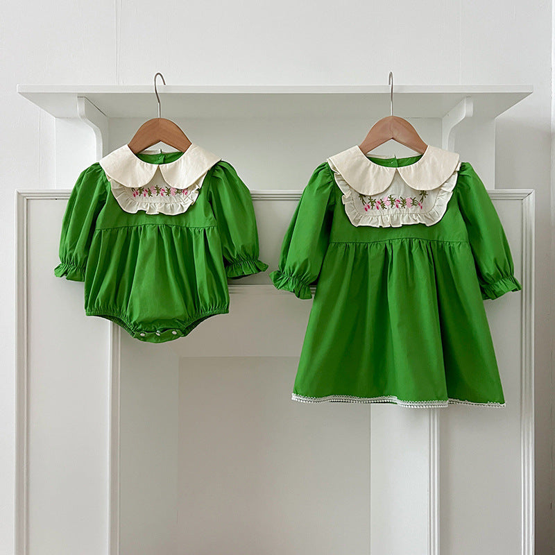 Arrival Autumn Baby Kids Girls Long Sleeves Peter Pan Collar Embroidery Flowers Pattern Onesies and Dress – Princess Sister Matching Set-0