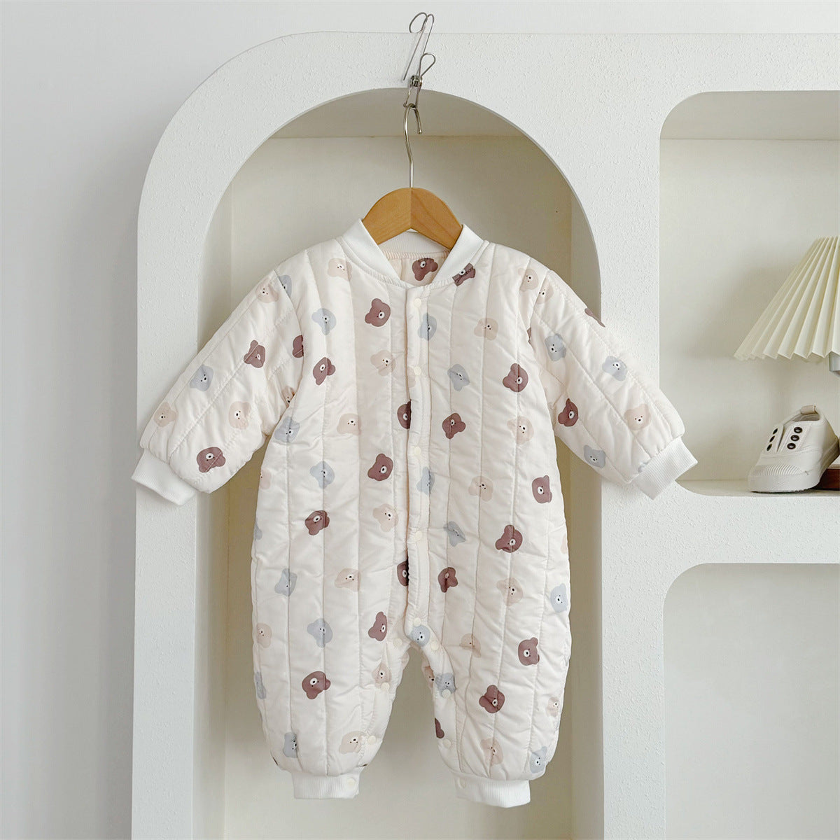 Autumn and Winter Arrival Unisex Baby’s Teddy Printed Fleece-lined and Thickened Rompers for Warmth-5