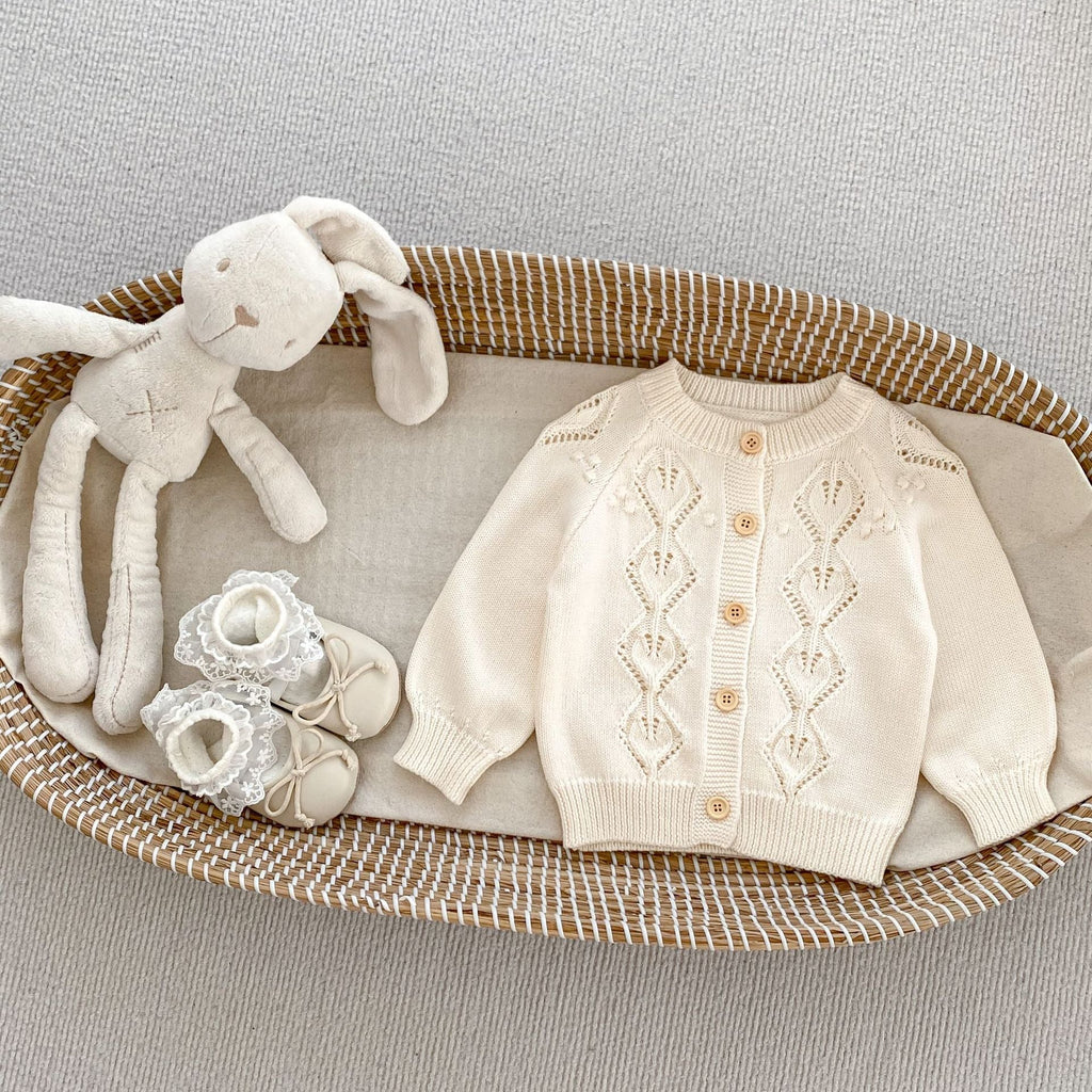 Arrival Autumn Baby Girls Geometric Hollow-out Pattern Long Sleeves Cardigan and Strap Onesies – Knitted Clothing Set-4