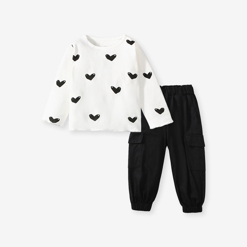 Arrival Spring And Autumn Girls Casual Black Heart Print Long Sleeves Top T-Shirt And Pants Clothing Set-1
