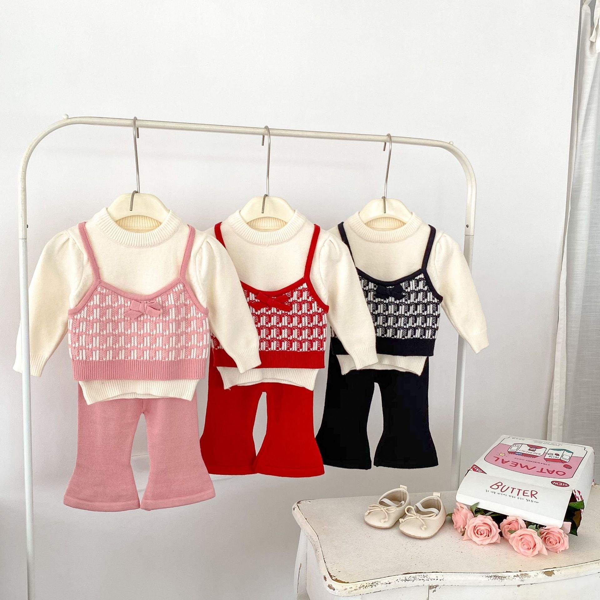 Arrival Autumn Baby Girls Long Sleeves Simple Color Patchwork Knitted Sweater and Solid Color Long Trousers – Clothing Set-0