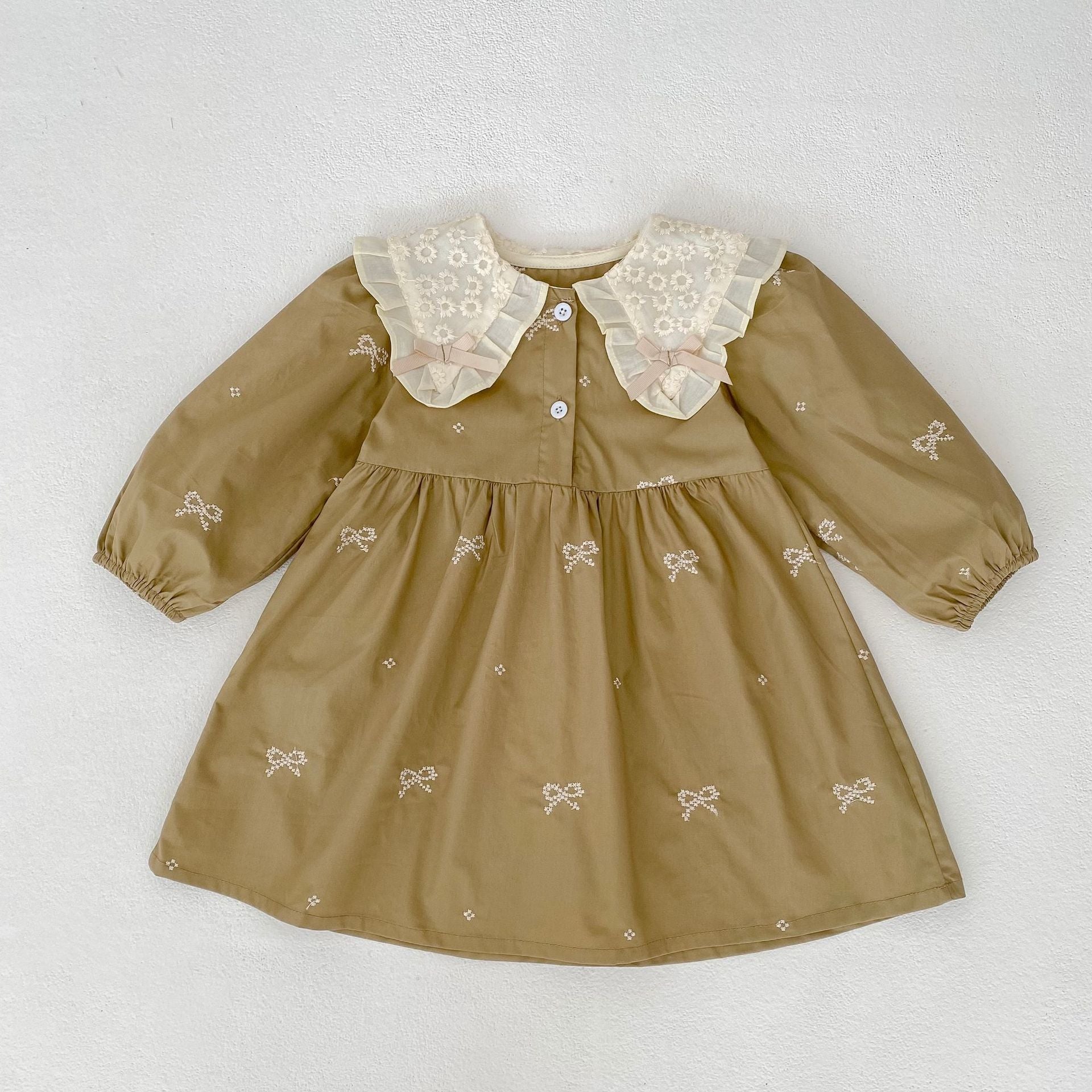 Arrival Spring Baby Kids Girls Long Sleeves Bows Embroidery Pattern Floral Collar Onesies and Dress – Princess Sister Matching Set-10