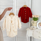 Arrival Autumn Baby Girls Geometric Hollow-out Pattern Long Sleeves Cardigan and Strap Onesies – Knitted Clothing Set-0