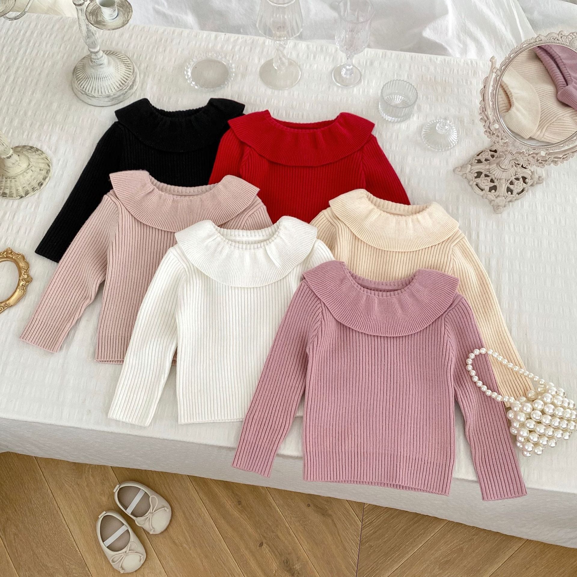 Autumn Arrival Baby Kids Girls Comfortable Simple Solid Color Knitted Long Sleeves Top with Collar-0