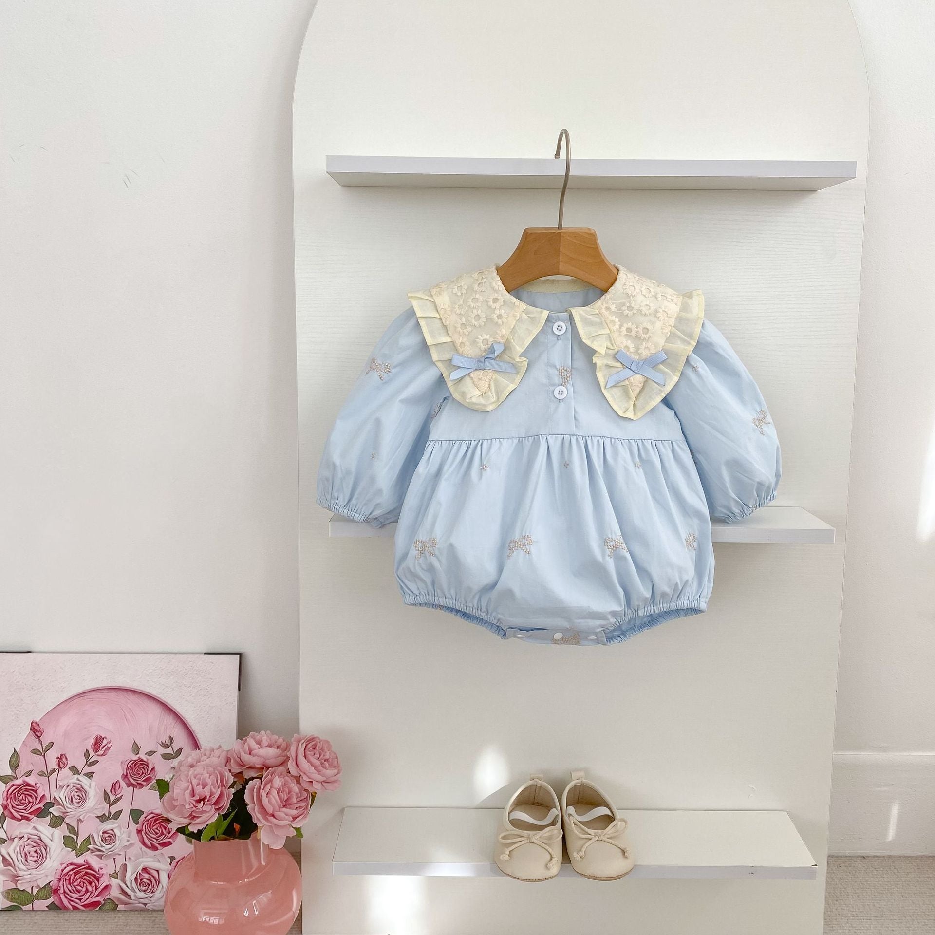 Arrival Spring Baby Kids Girls Long Sleeves Bows Embroidery Pattern Floral Collar Onesies and Dress – Princess Sister Matching Set-7